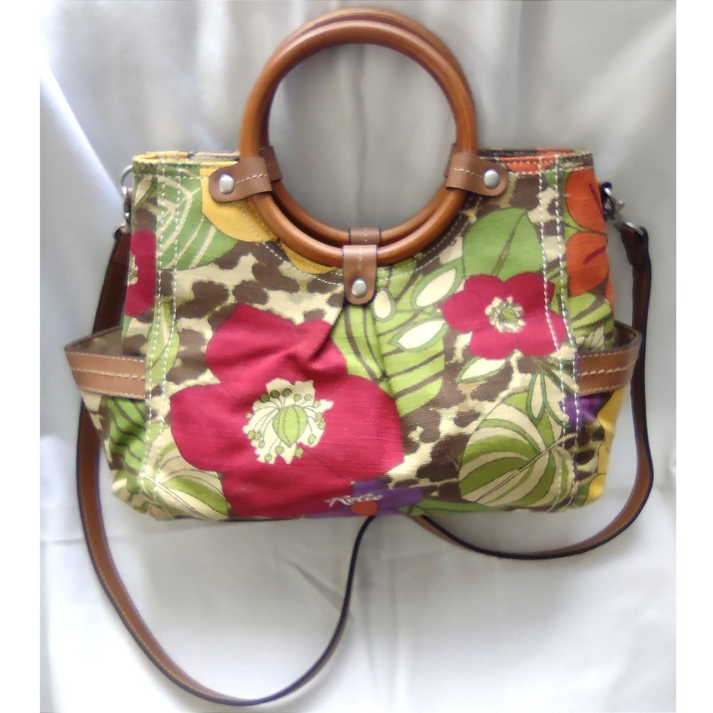 Relic Floral Print Canvas Satchel Bag Wood Handles Crossbody Multi Color